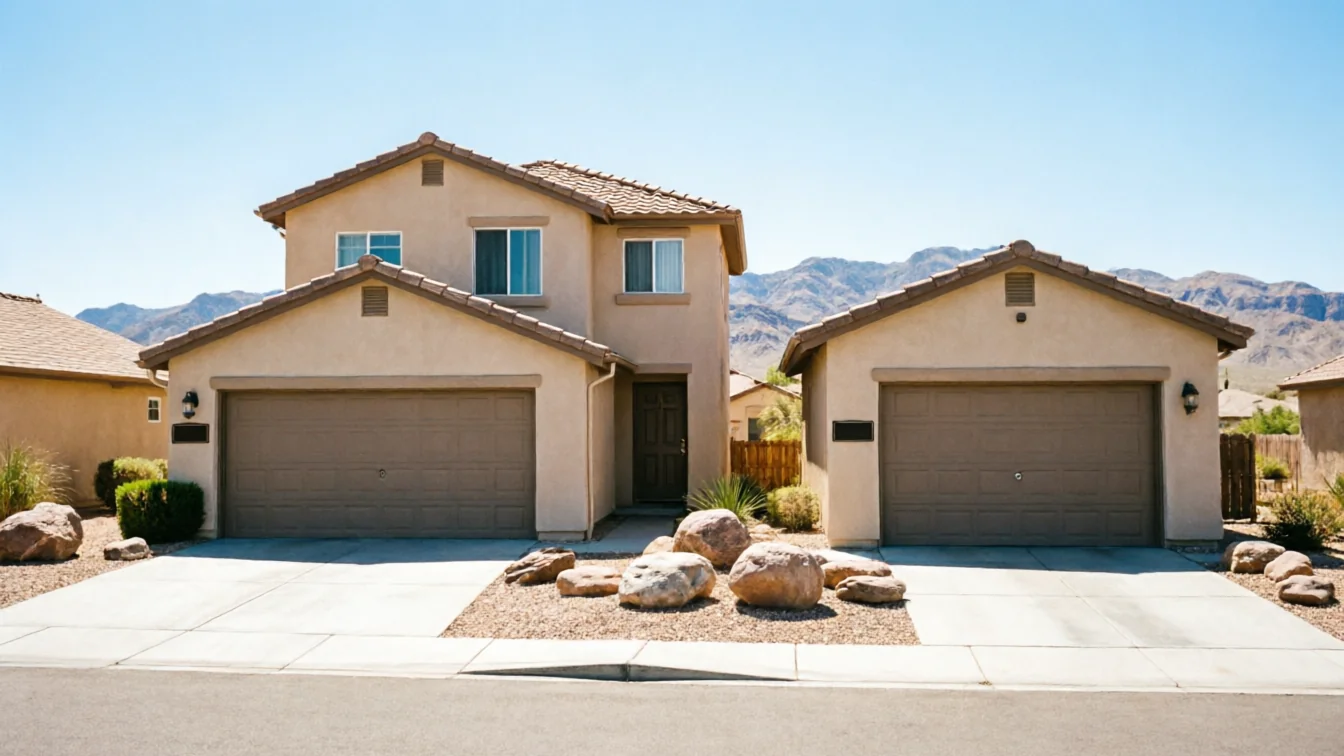 A two-story house with an attached garage and a detached garage.