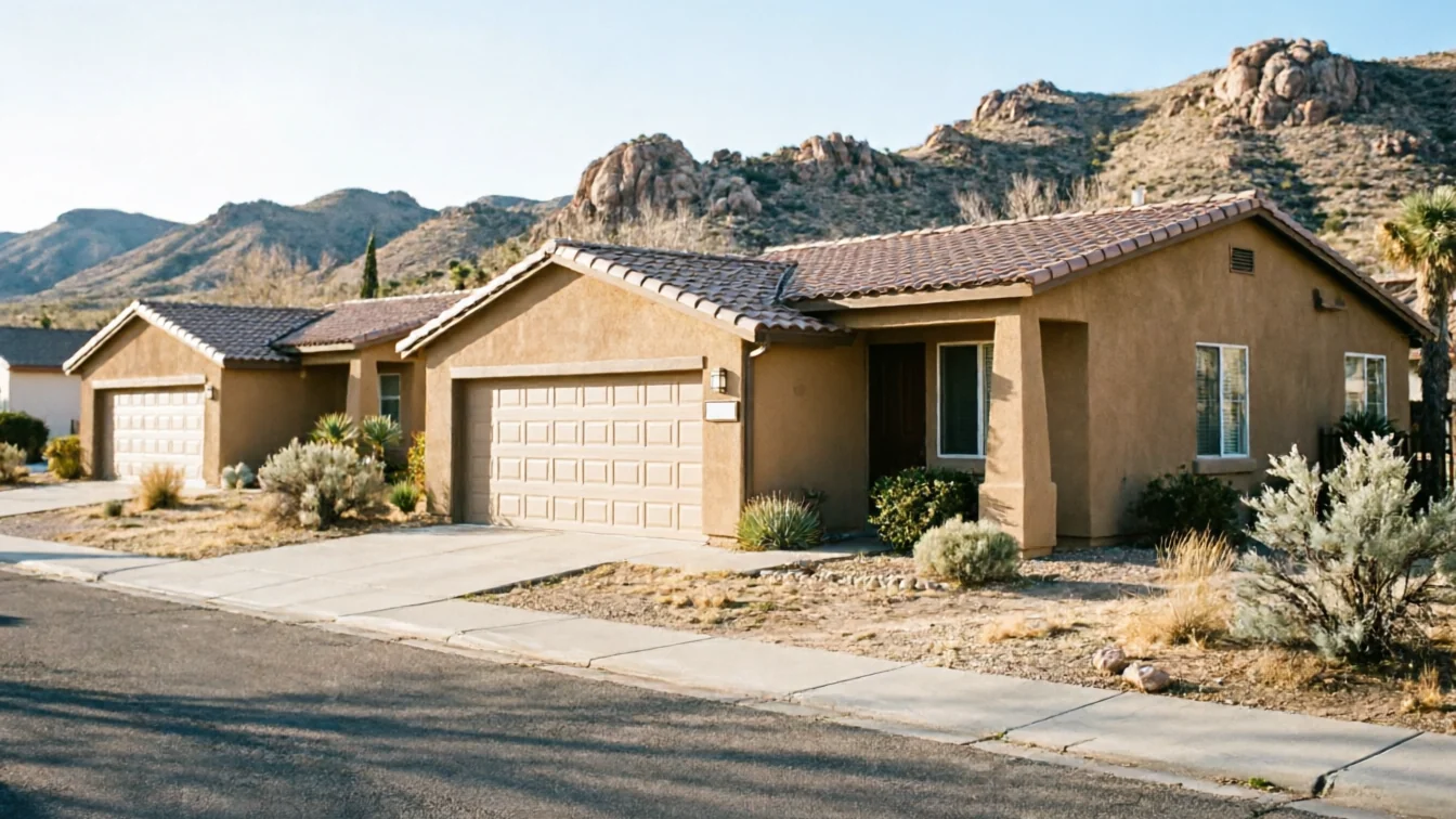A tan house with a two-car garage door and a single-car garage door.